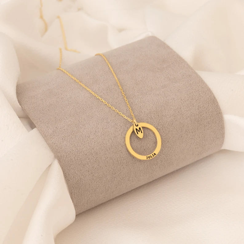 14K Solid Gold Minimalist Tag Name Circle Necklace