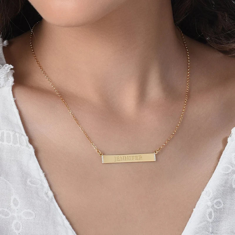 ENGRAVABLE BAR NECKLACE WITH CUBIC ZIRCONIA